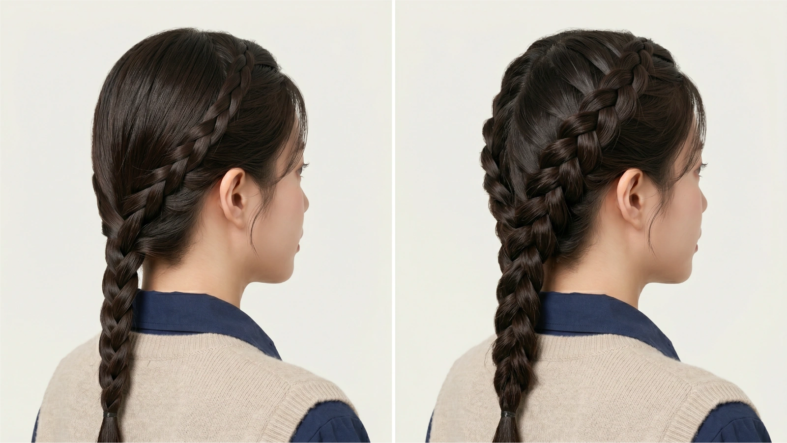 Two side-profile views comparing french braid tucked under on the left and dutch braid raised outward on the right