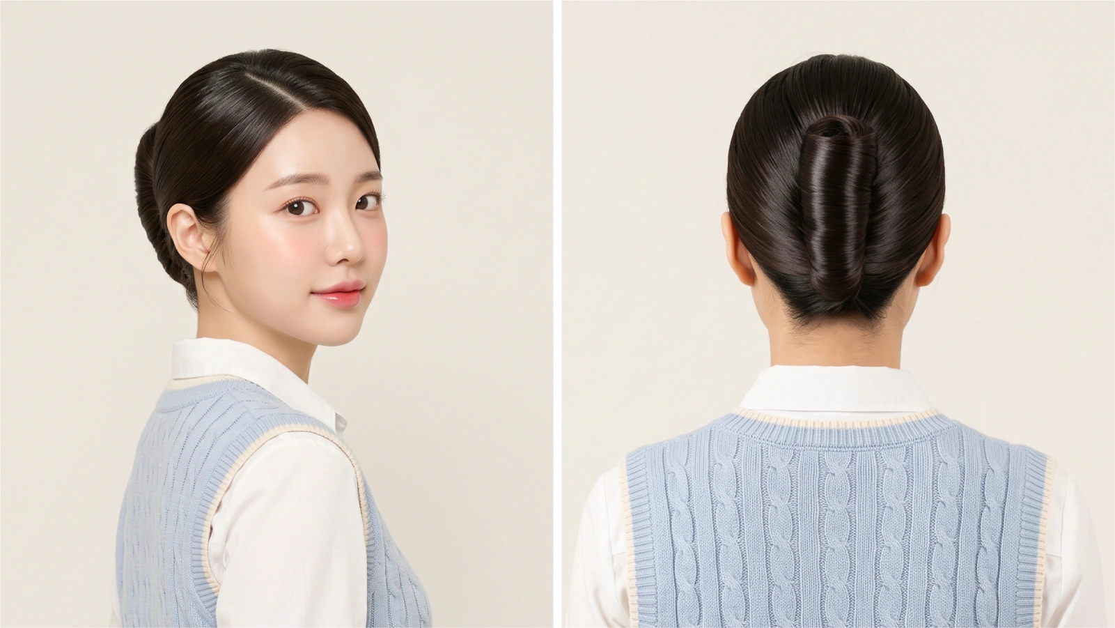 Polished french twist bun shown from side and back on dark straight hair with sleek center part