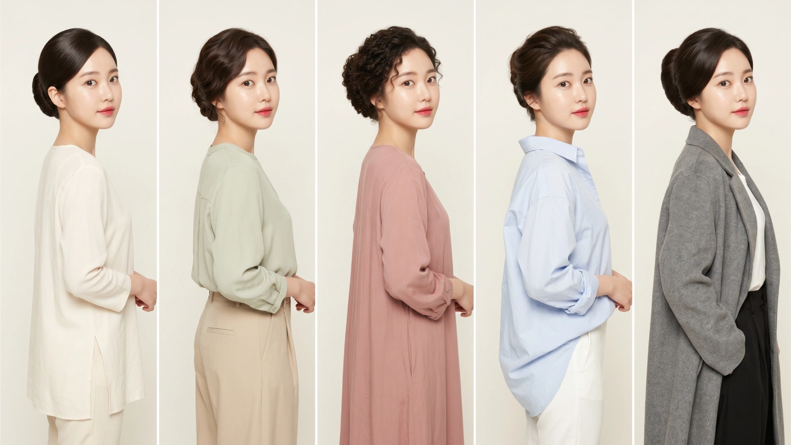 Five french twist bun side-profile styles showing results on straight, wavy, curly, fine, and thick hair textures