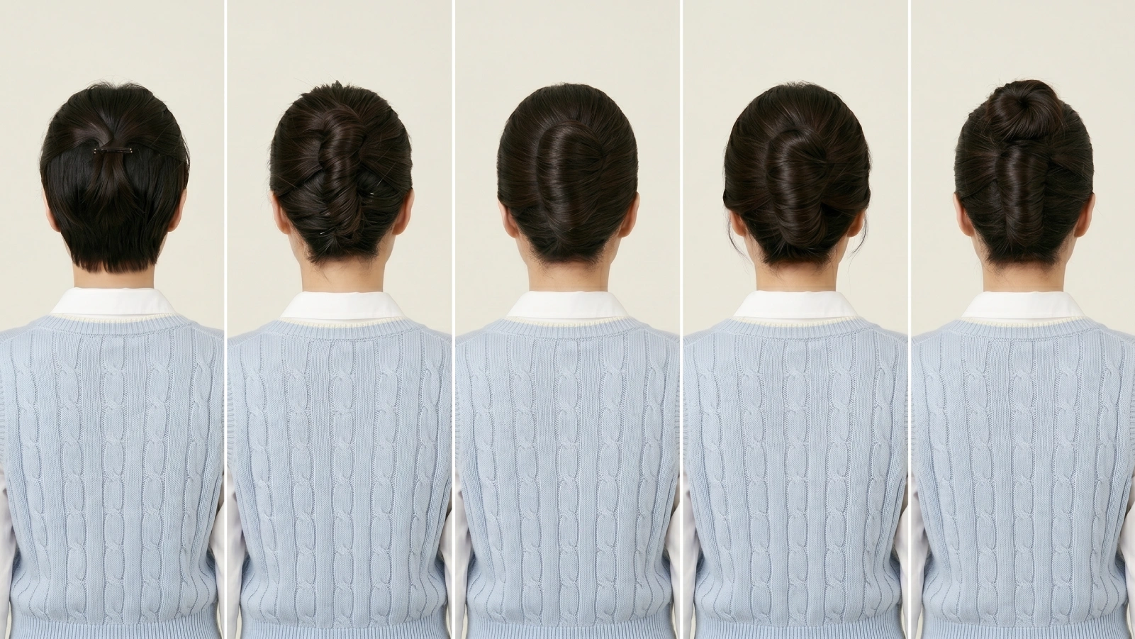 Five french twist bun variations from back view showing styles suited from chin-bob to long past mid-back hair lengths