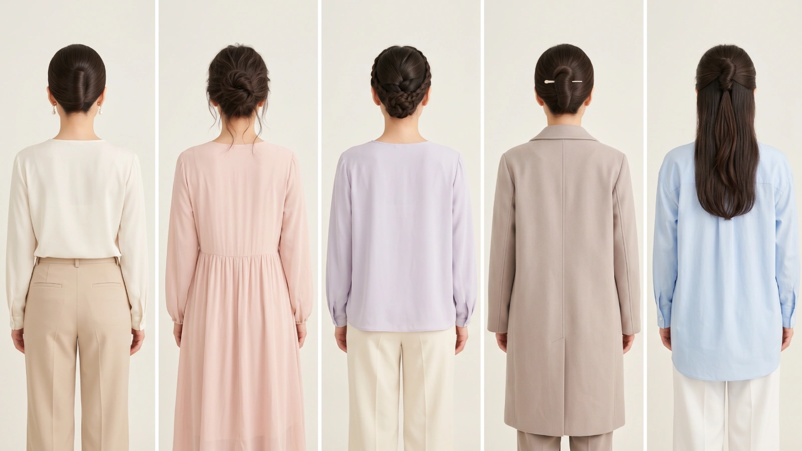 Five french twist bun variations from back view: sleek polished, messy undone, braided accent, French pin accessorized, and half-up style