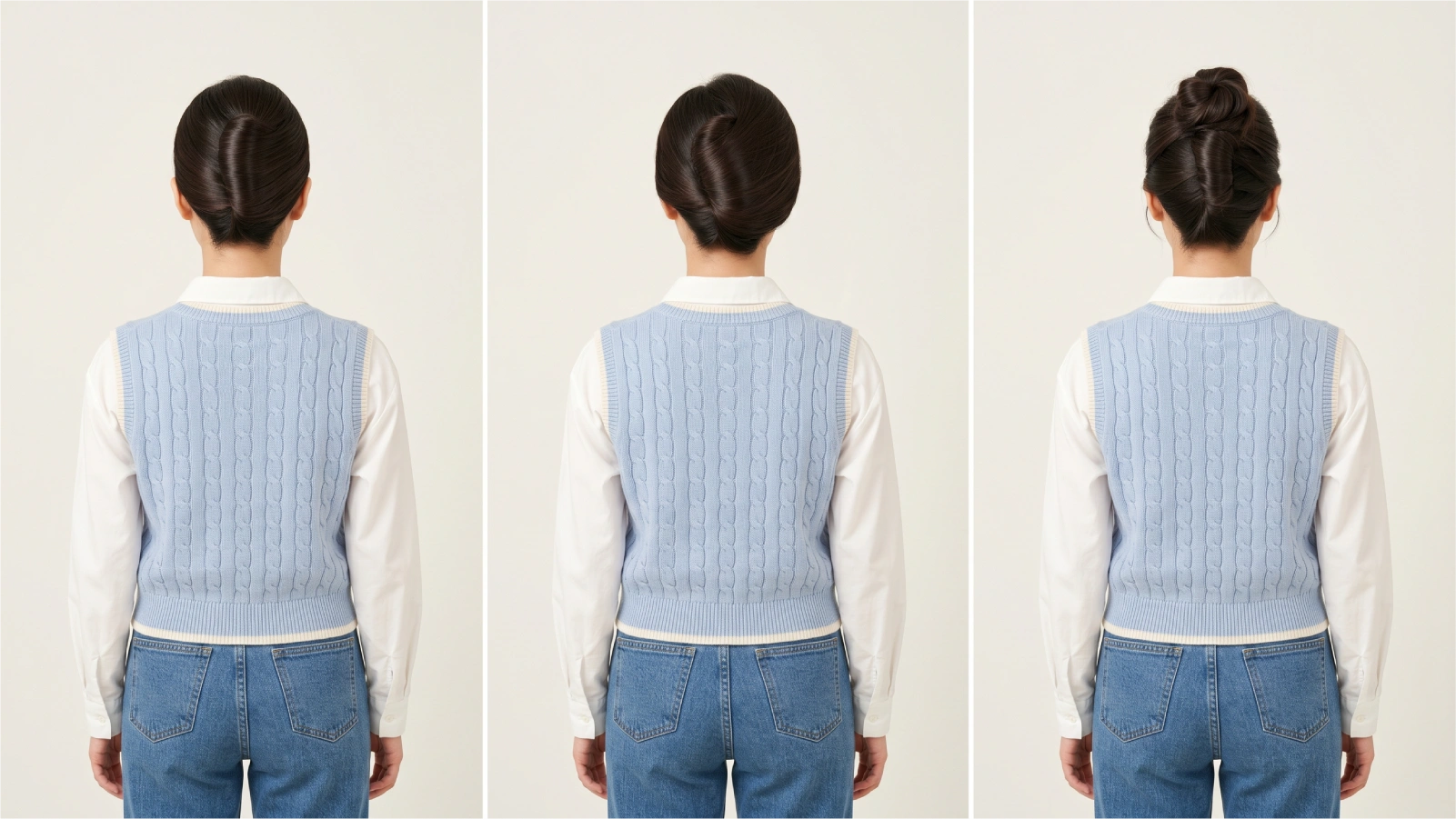 Three french twist variations from back view: classic low twist, mid-height roll, and high crown bun with loose ends
