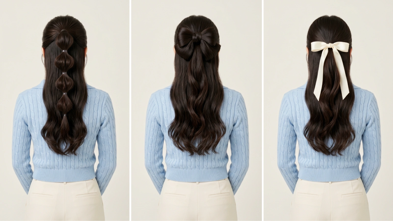 Three elevated half up half down styles from back: bubble half ponytail, hair bow crown, and ribbon-tied half pony