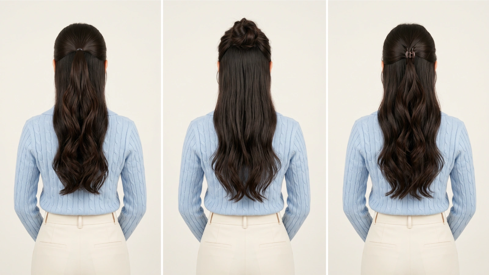 Three classic half up half down styles shown from back: half ponytail, half top knot bun, and claw clip half up