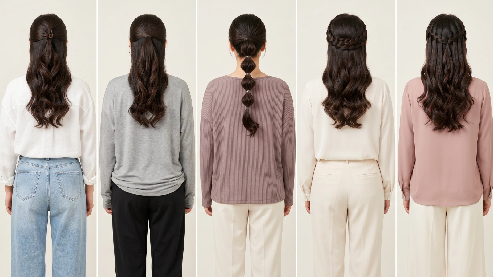 Five quick half up half down styles from back: claw clip, simple half pony, bubble ponytail, braided crown, and waterfall braid