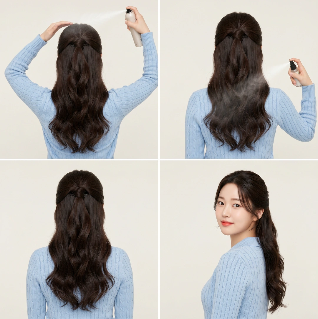 Half up half down finishing steps showing light-hold hairspray from 12 inches away and completed twisted style from back and side