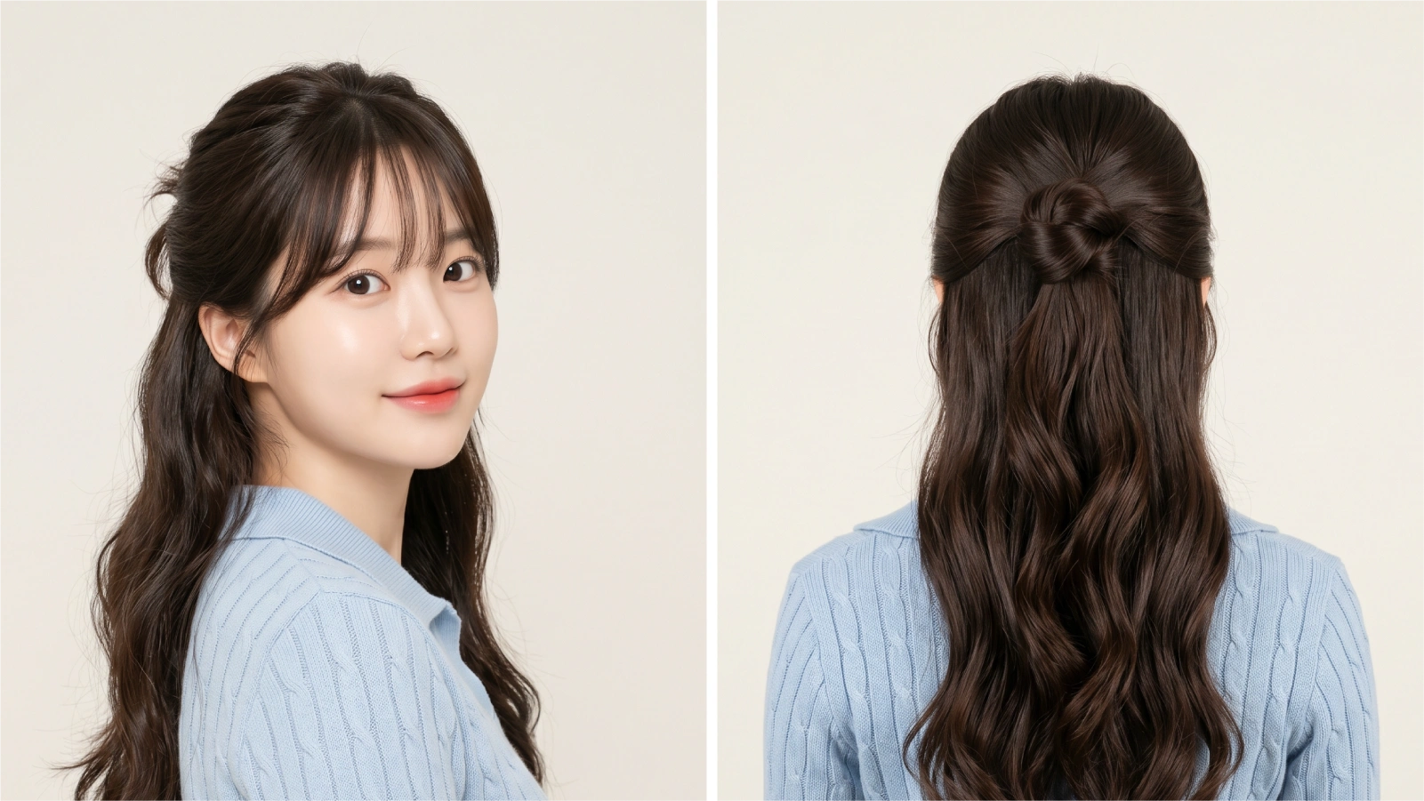 Finished half up half down hairstyle with twisted knot detail shown from front and back on wavy dark hair