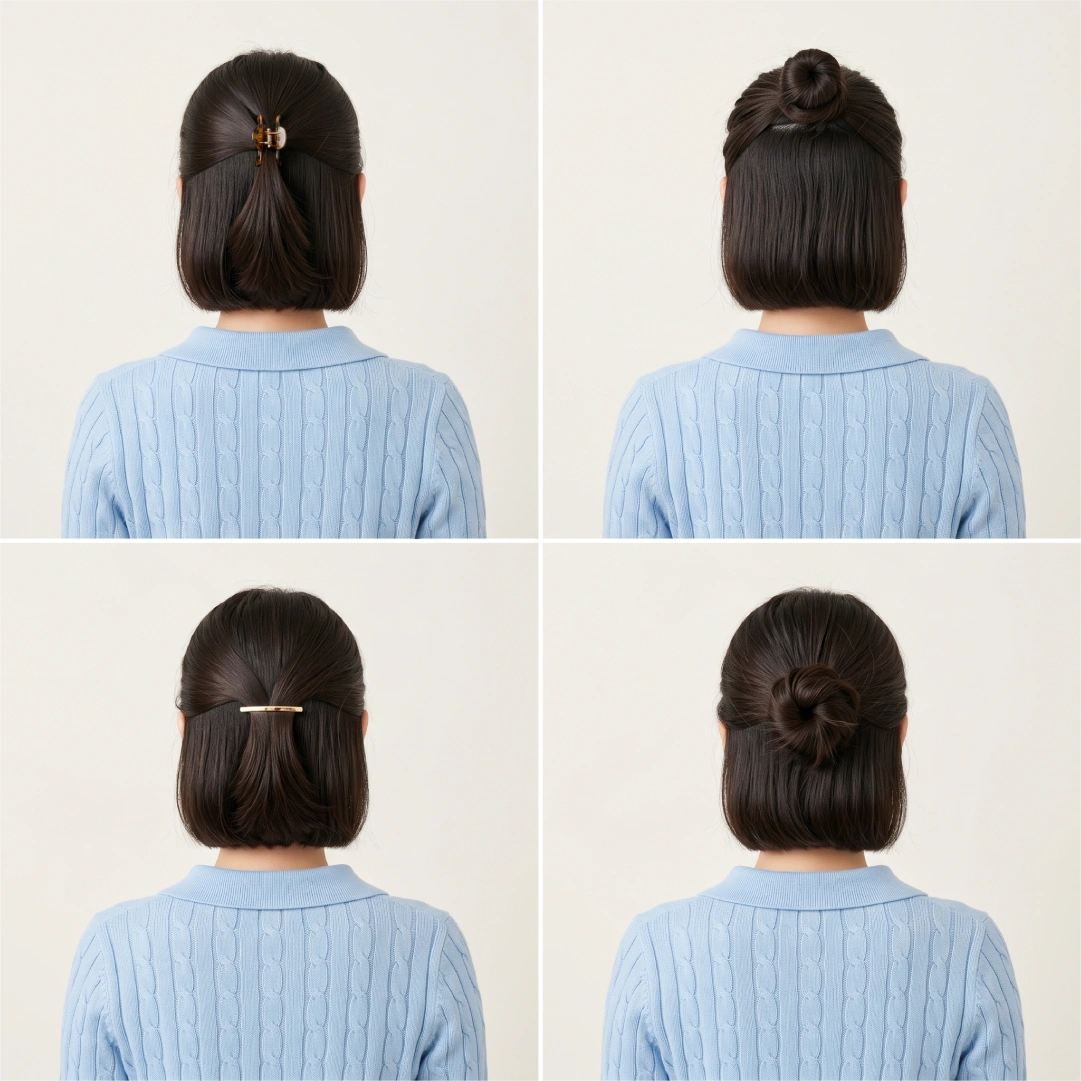 Four half up half down styles for short bob hair: claw clip, mini twisted bun, barrette pinned temples, and low relaxed bun