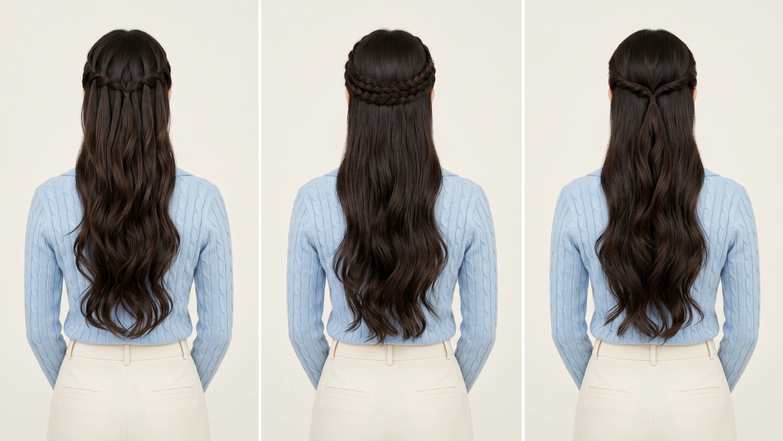 Three braided half up half down styles from back: waterfall braid, halo braid crown, and twisted rope half up