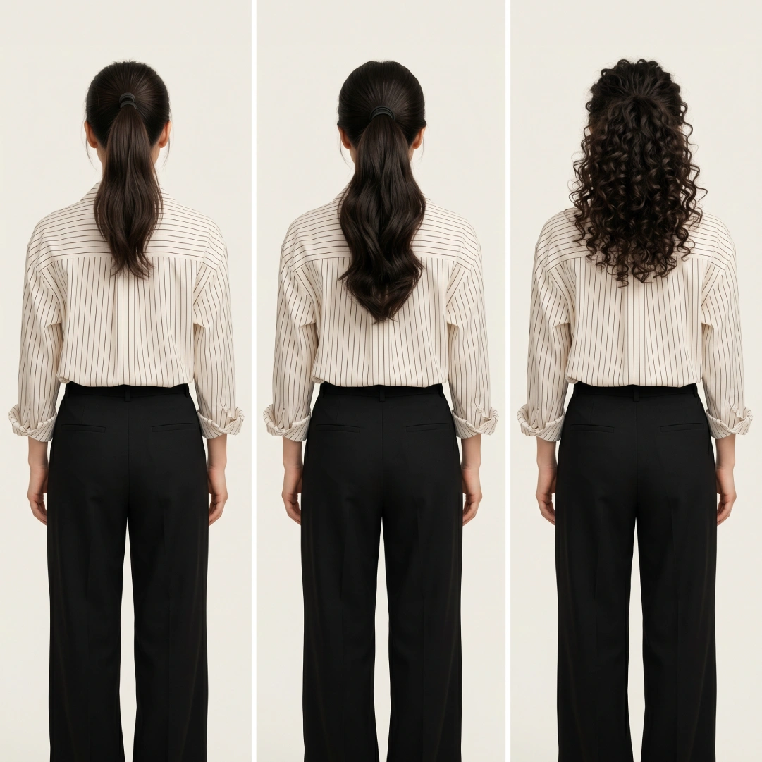 Three high ponytail results from back view on straight, wavy, and curly hair types