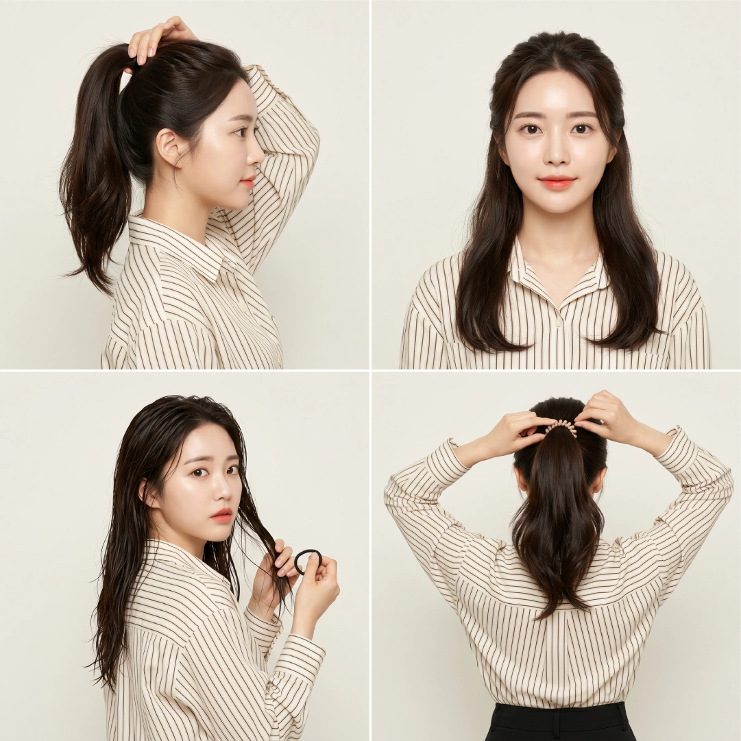 Four-step hair health guide showing high ponytail placement, half-up low-tension alternative, fabric elastic swap, and spiral coil band securing