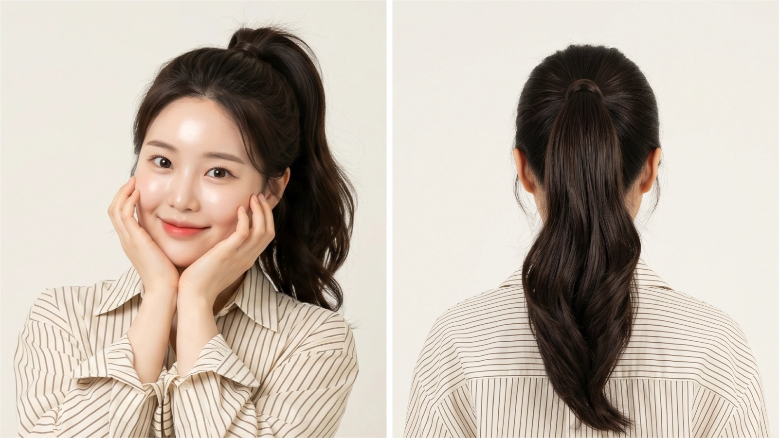 Finished high ponytail shown from front and back on dark wavy hair with smooth crown gather