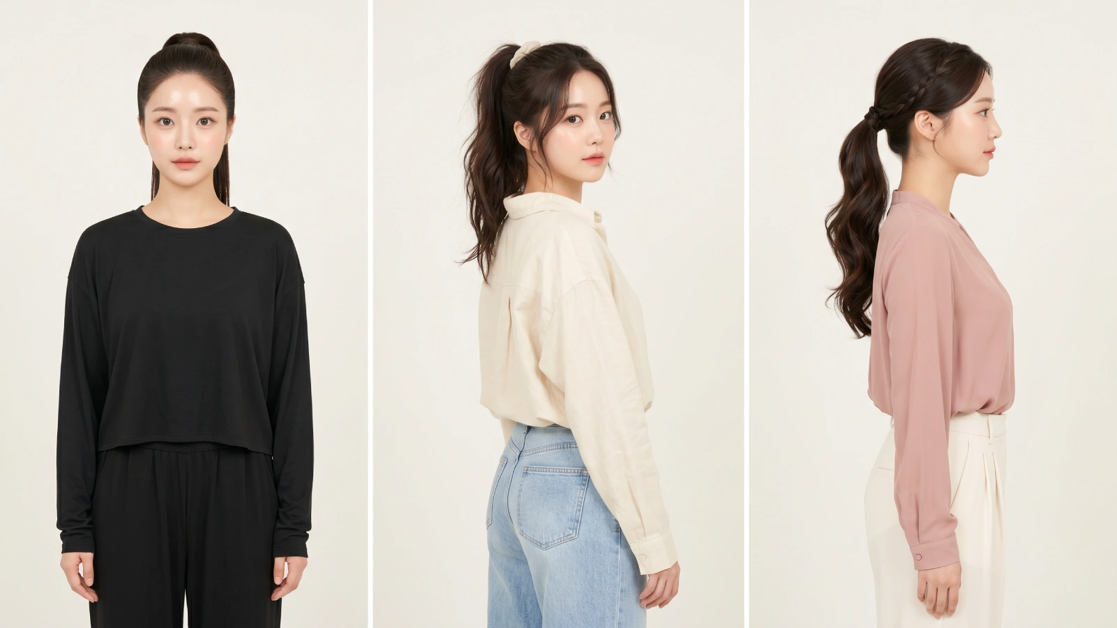 Three high ponytail occasion styles from front and side: sleek gym pony, wavy scrunchie office pony, and braided accent evening pony