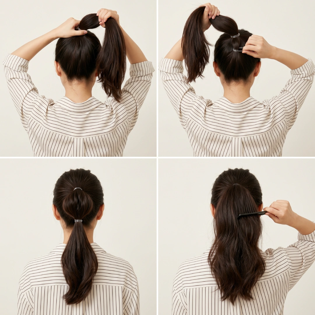 Four-step high ponytail volume tutorial showing crown gathering, dual elastic placement, ponytail securing, and comb teasing for lift