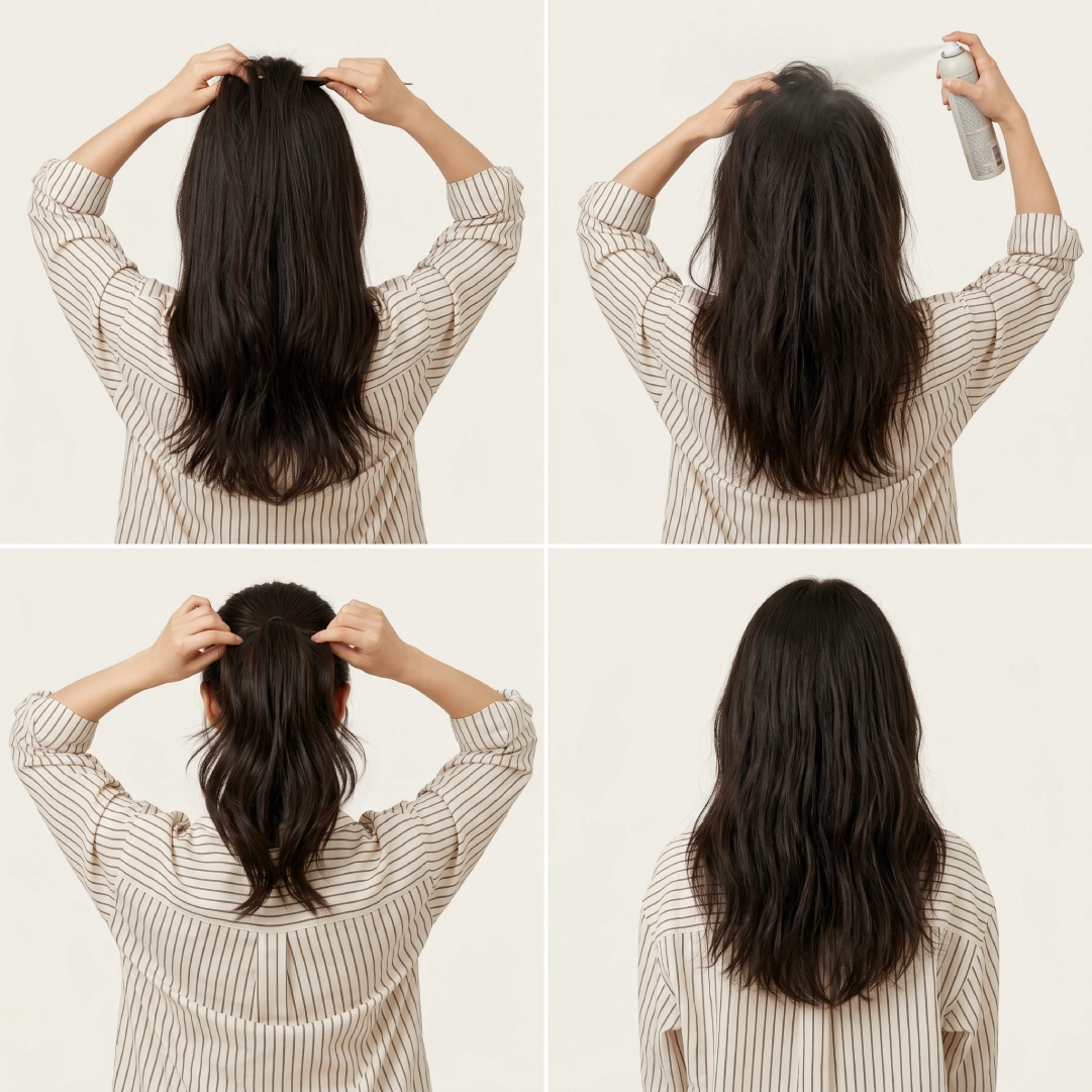Four-step volume booster guide showing crown backcombing, dry shampoo at roots, hair gathering, and loose finished ponytail