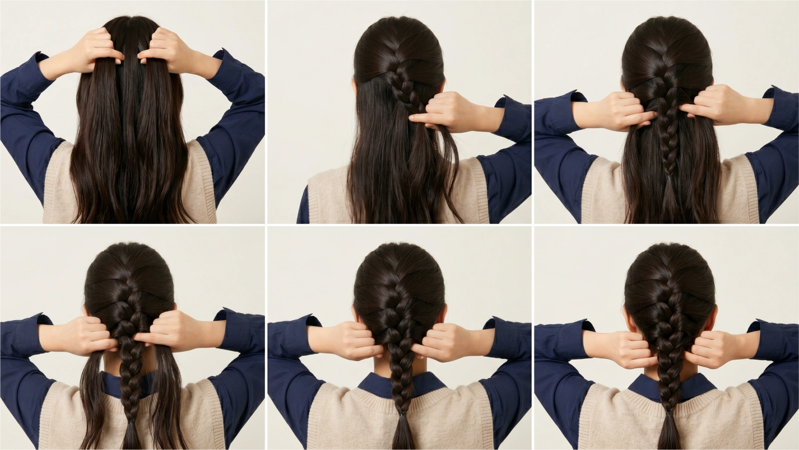 Six-step french braid tutorial from back view showing three-section crown split, right strand cross-over, new hair addition, left strand cross-over, repeat, and nape finish