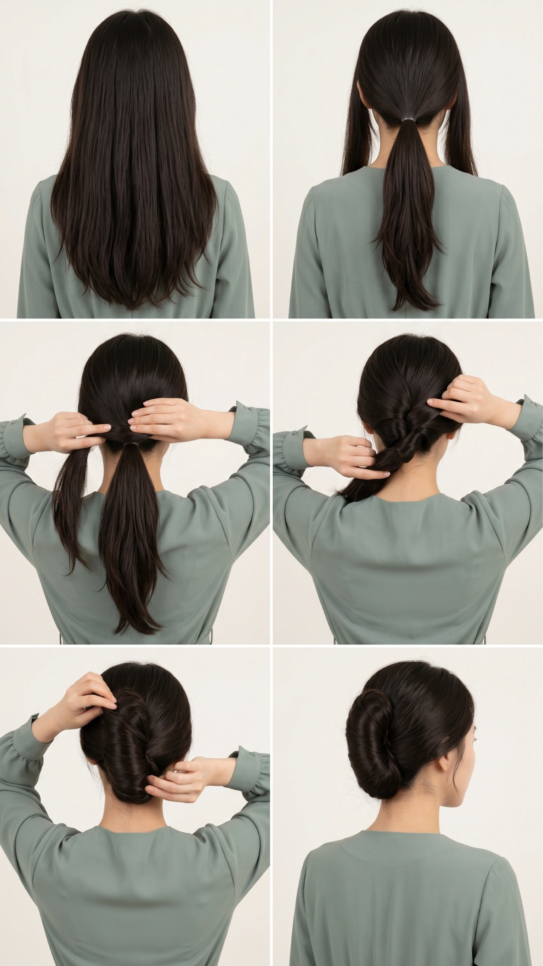 Six-step banana bun tutorial showing three-section split, center ponytail, side wrapping, upward roll, and bobby pin securing