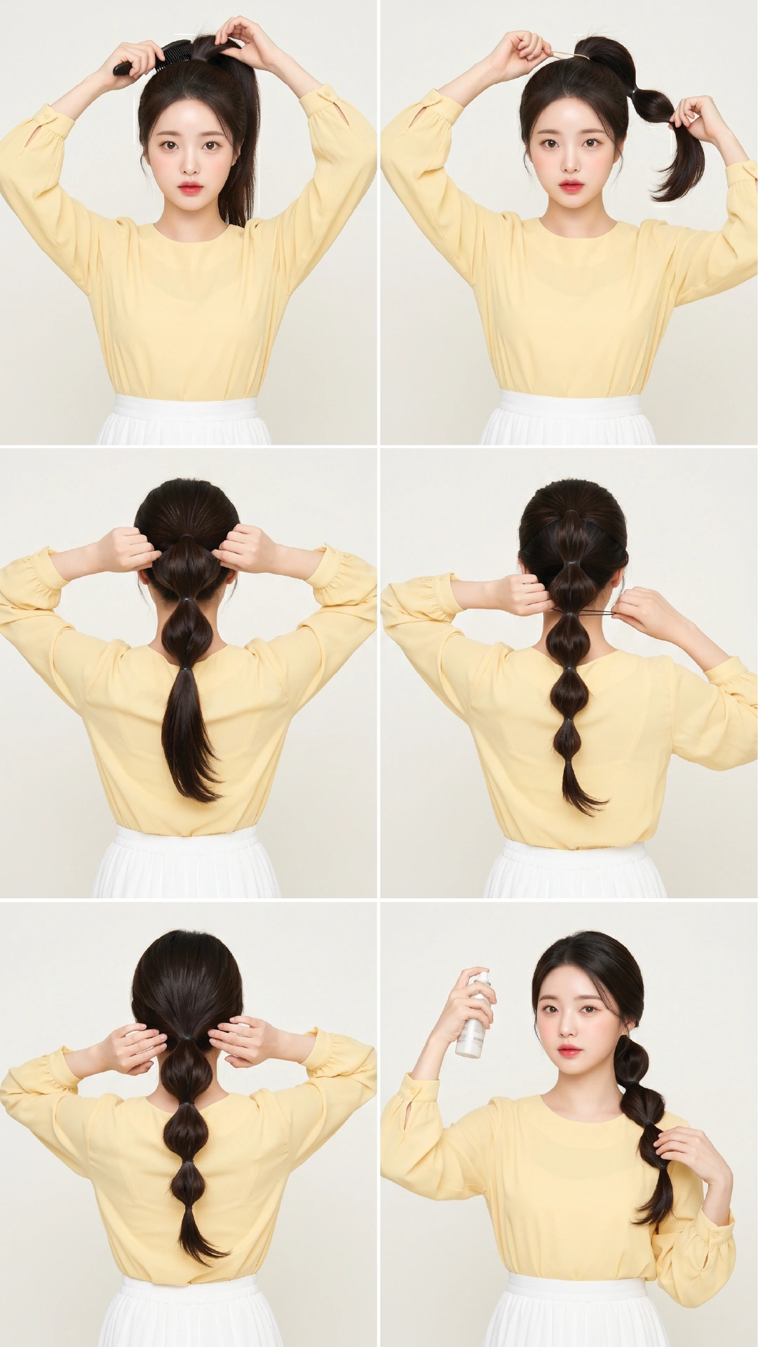 Six-step bubble ponytail tutorial showing crown teasing, base ponytail, first elastic placement, bubble puffing, repeating down the length, and hairspray finish