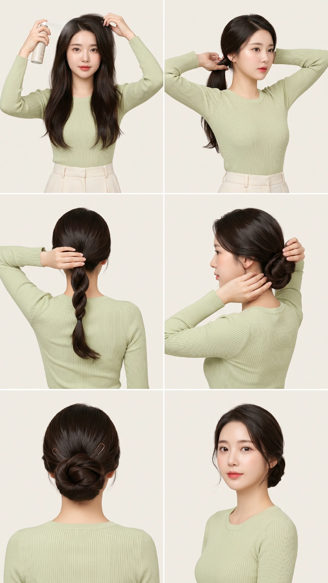 Six-step chignon bun tutorial showing dry shampoo prep, low ponytail gathering, rope twist, nape coiling, bobby pin securing, and finished front view