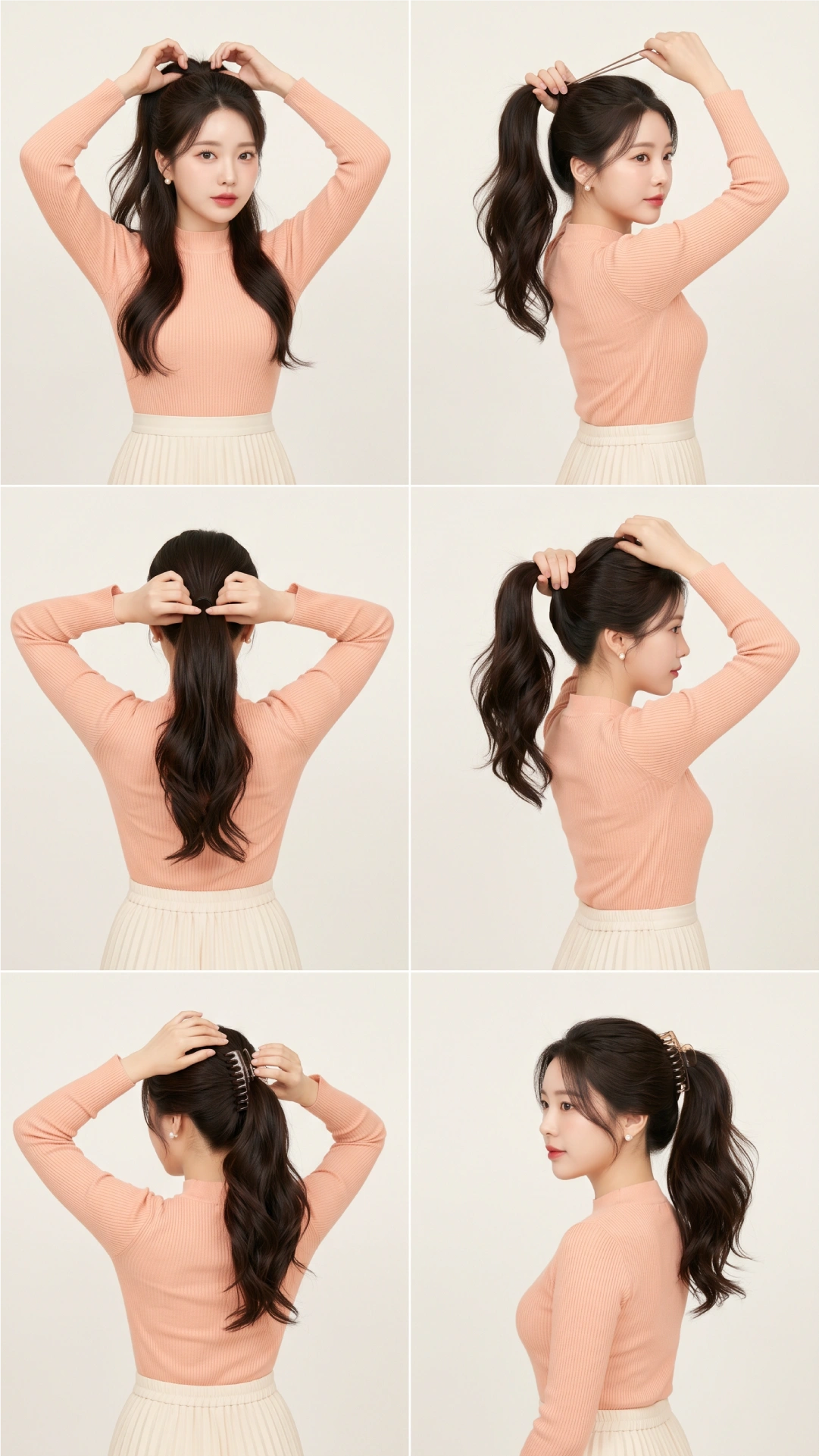 Six-step claw clip high ponytail tutorial showing crown gathering, elastic securing, topsy tail flip, clip clamping, and face-framing strand finish