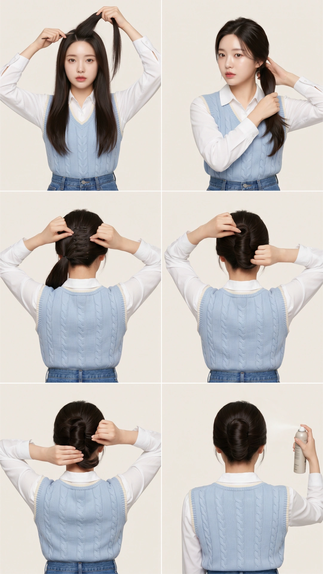 Six-step french twist bun tutorial showing crown sectioning, off-center sweep, bobby pin spine, upward twist, tucking ends, and hairspray finish