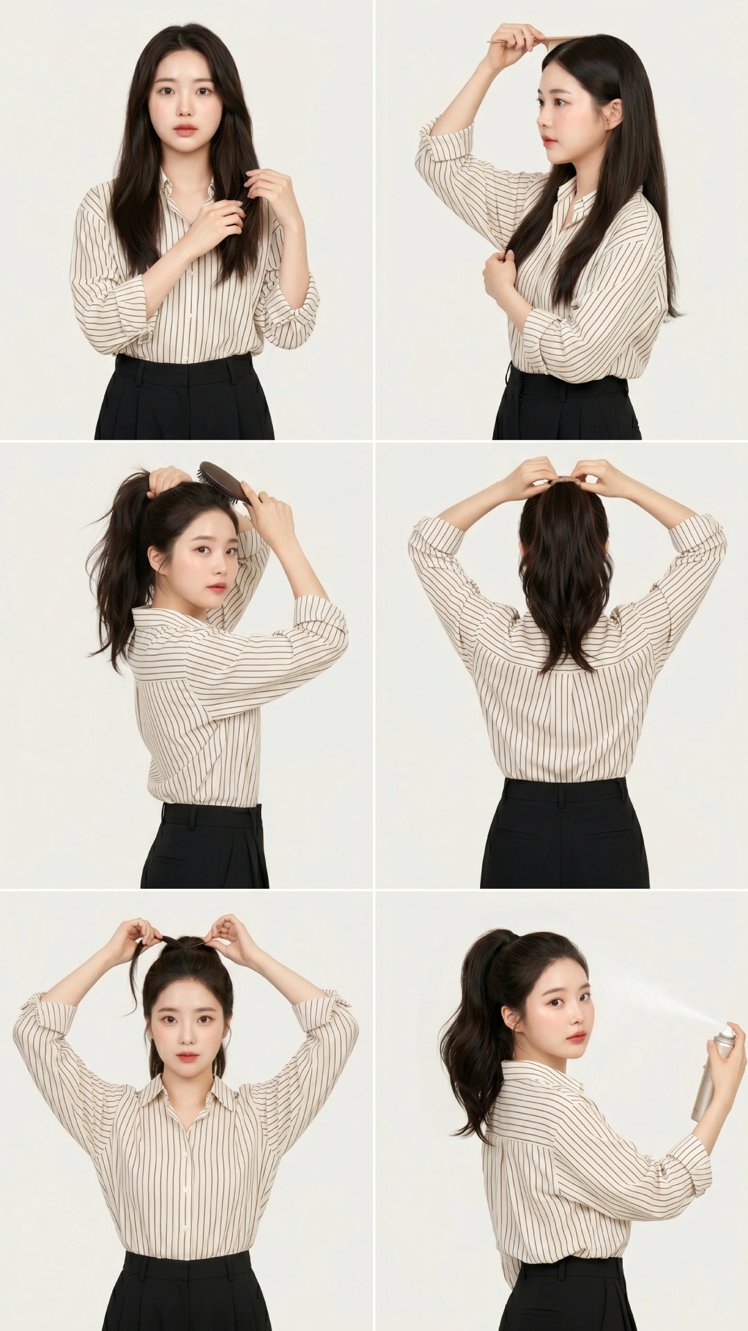 Six-step high ponytail tutorial showing serum application, crown lifting, brush smoothing, back gathering, elastic securing, and hairspray finish