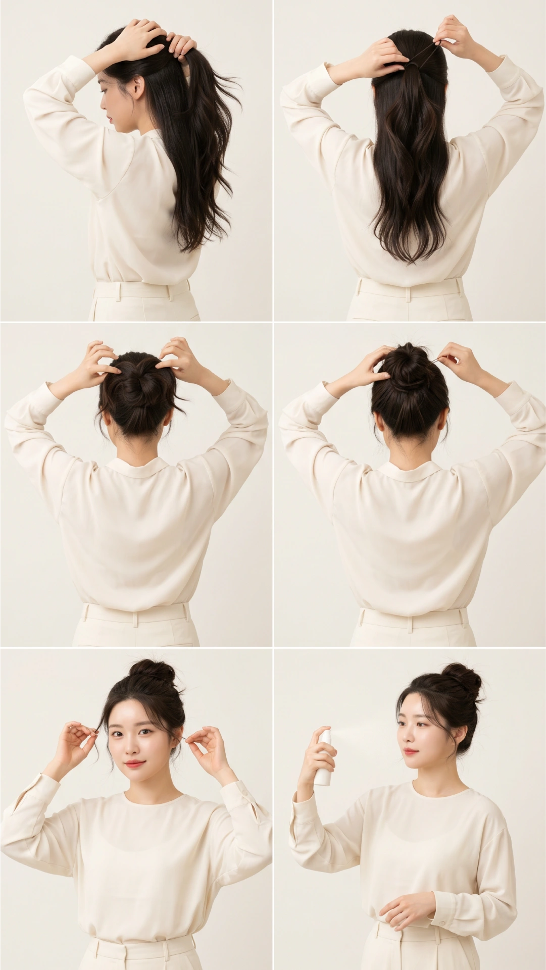 Six-step classic messy bun tutorial using bobby pins and hairspray