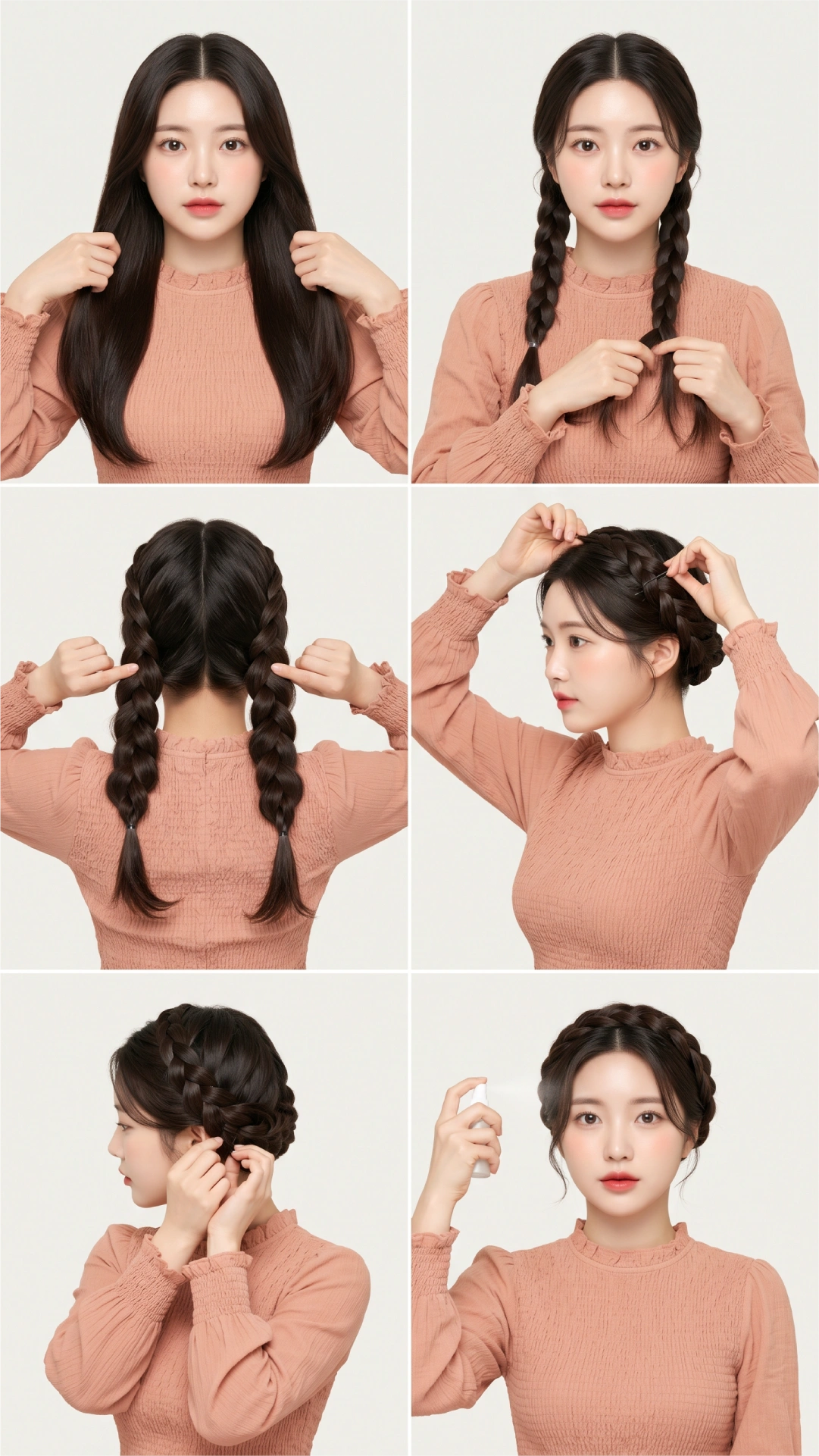 Six-step milkmaid braid tutorial showing center part, two-section plaiting, pancaking, crown wrapping, opposite braid layering, and hairspray finish
