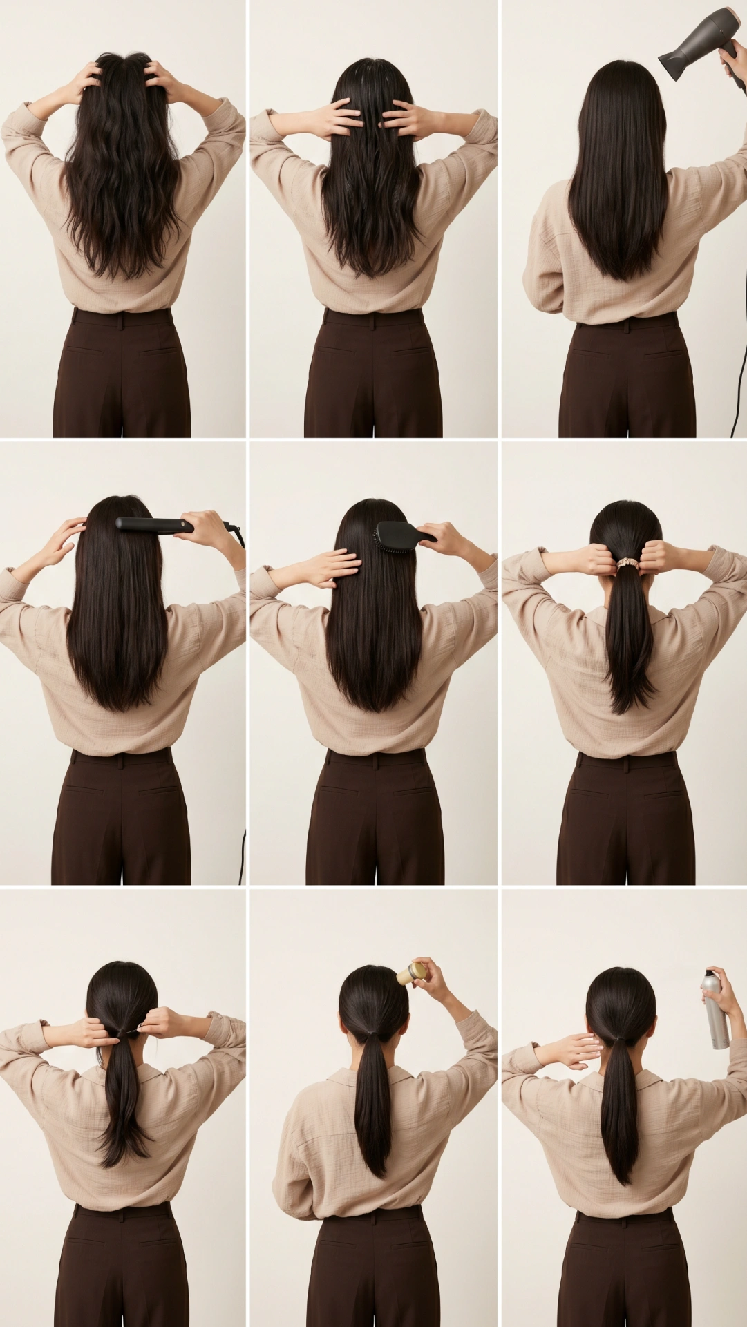 Nine-step sleek ponytail tutorial showing smoothing cream, blow-drying, flat iron, brush-back, elastic securing, hair wrapping, and edge control