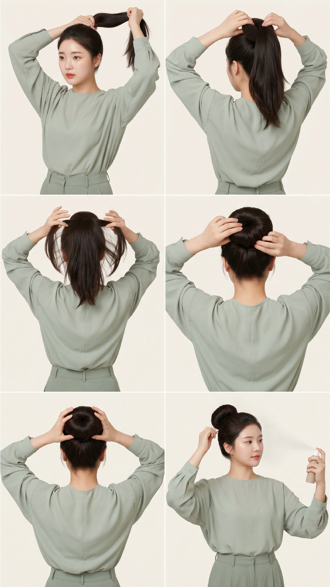 Six-step sock bun tutorial showing ponytail threading, fanning hair over donut, and rolling down to scalp