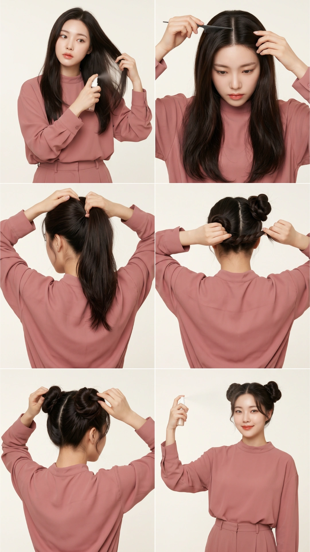 Six-step space buns tutorial showing texturizing spray prep, center part, twist and coil method, and hairspray finish