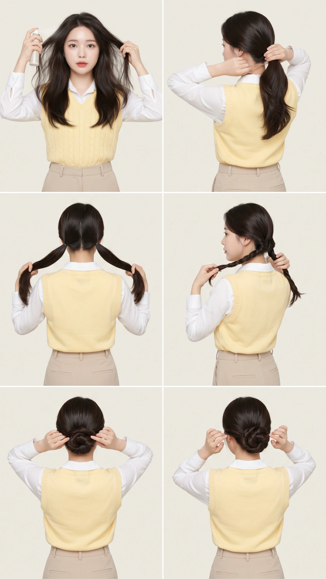 Six-step rope twisted bun tutorial showing texture spray prep, two-section twist, coiling around elastic base, and bobby pin securing
