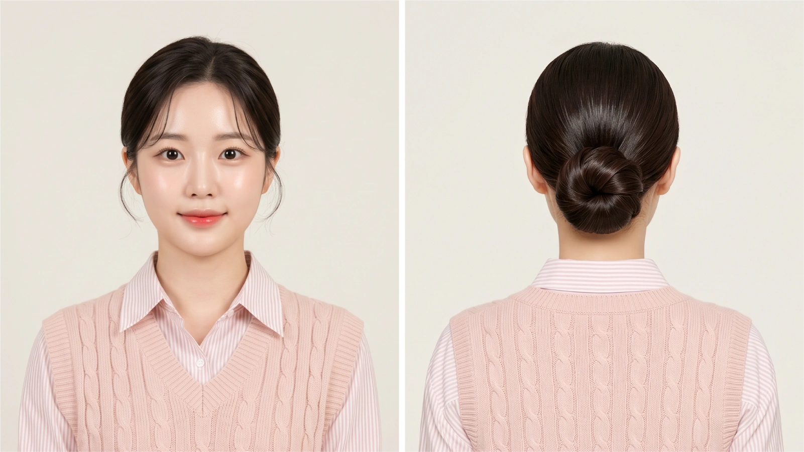 Polished low bun at the nape shown from front and back on dark straight hair
