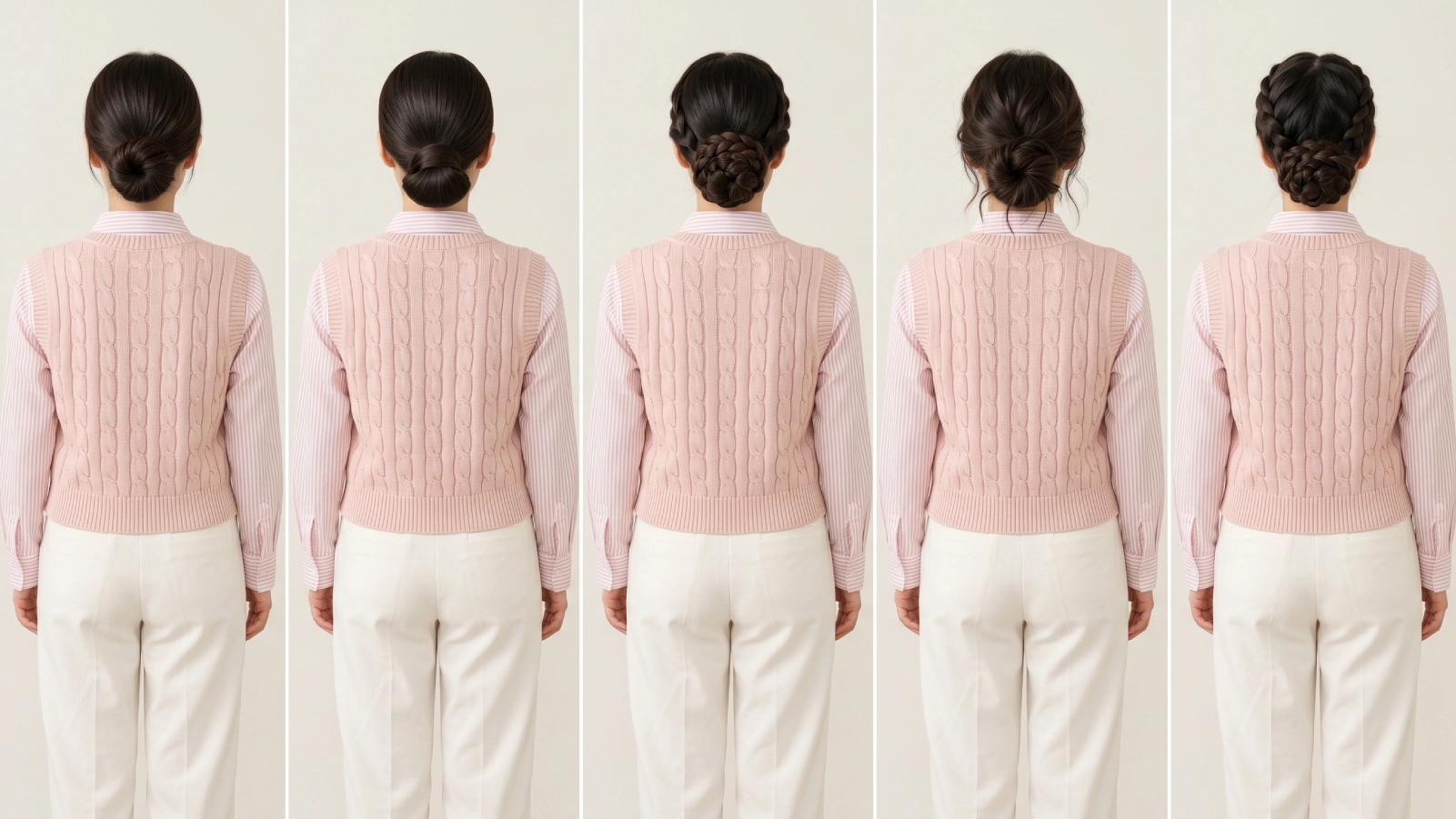 Five low bun styles from back view showing required hair length from basic twisted bun to milkmaid crown braid bun