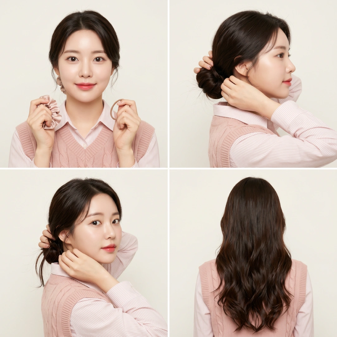 Safe daily low bun tips showing silk scrunchie vs tight elastic, loose twisted bun alternative, and hair down rest day