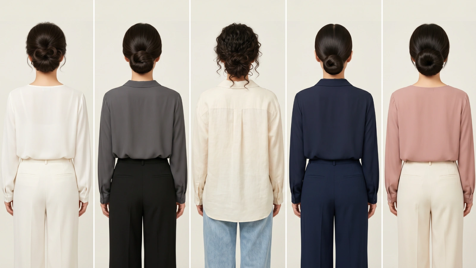 Five low bun variations from back view styled for fine, thick, curly, straight, and short hair types across different occasions