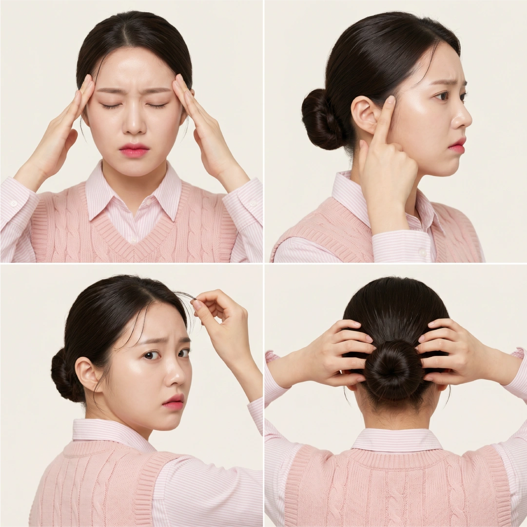 Four signs of a too-tight low bun including scalp tenderness, hairline bumps, temple breakage, and persistent pulling sensation