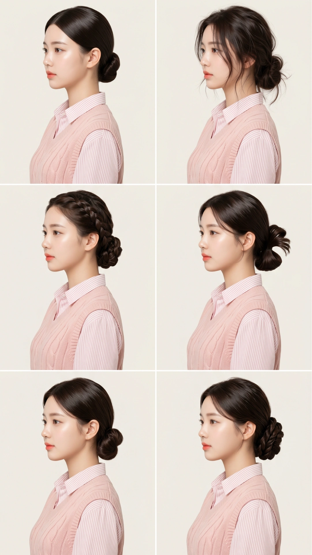 Six low bun variations shown from side profile: sleek center-part, messy, braided wrap, loop bun, side bun, and twisted rope bun