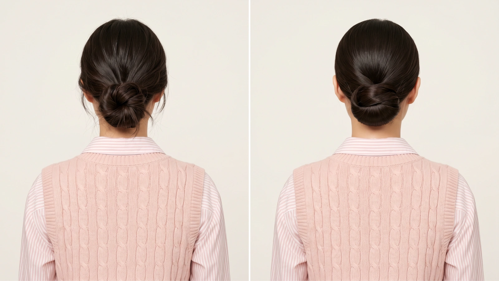 Side-by-side comparison of a casual messy low bun and a sleek polished chignon at the nape