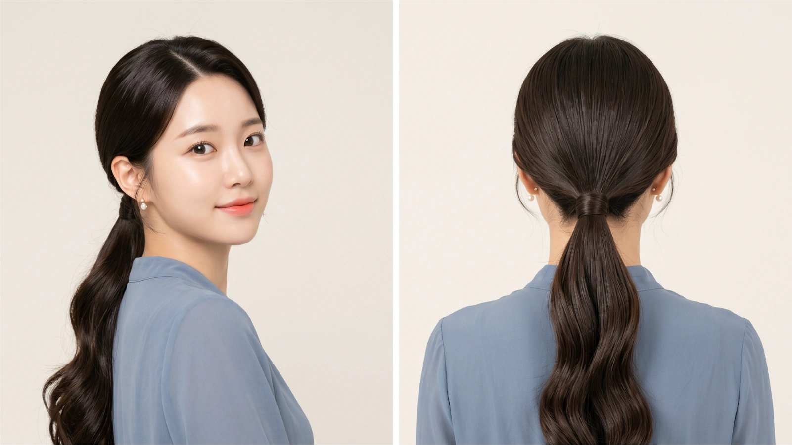 Finished low ponytail shown from side and back on dark wavy hair with smooth nape gather