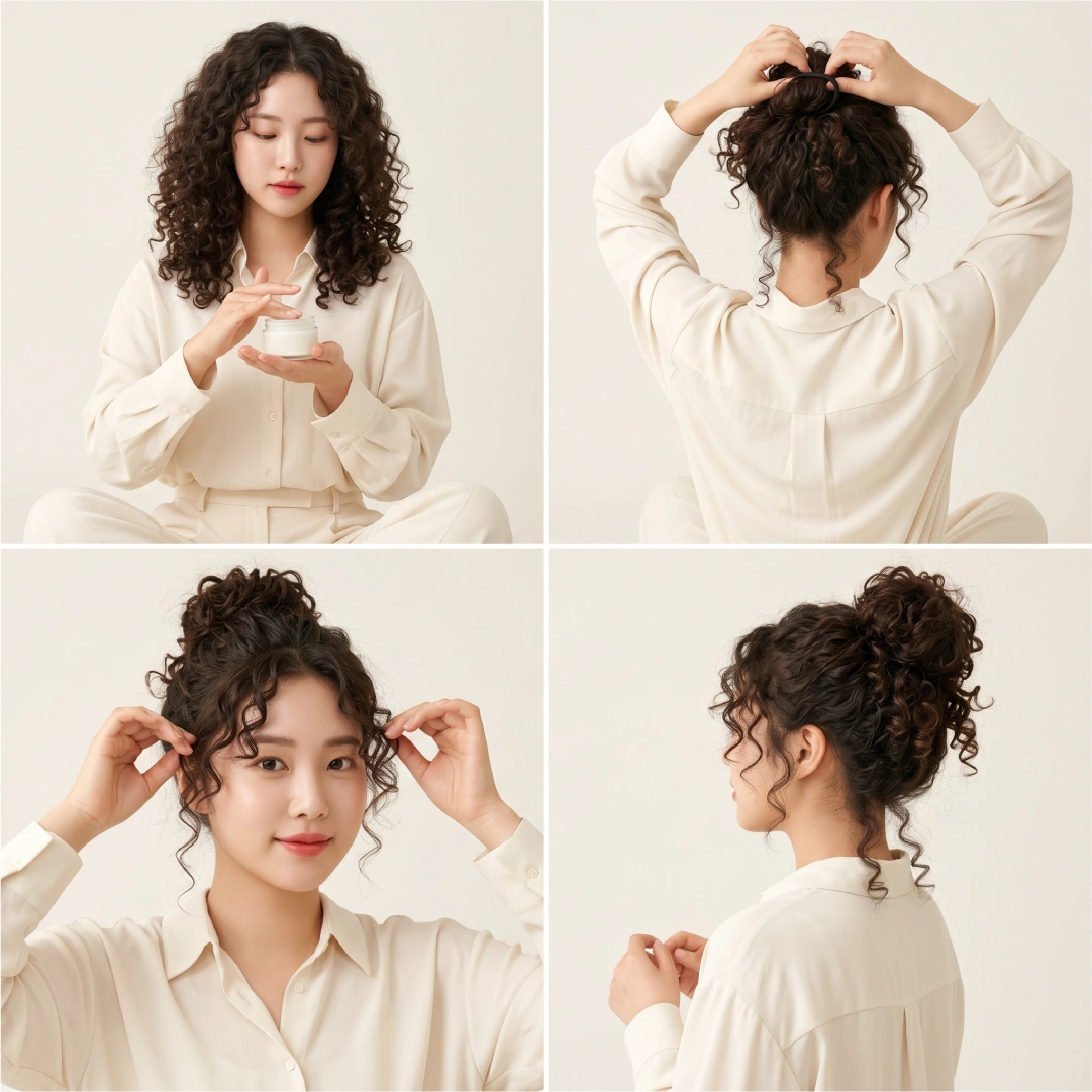 Curly hair messy bun using leave-in conditioner and natural curl cluster technique
