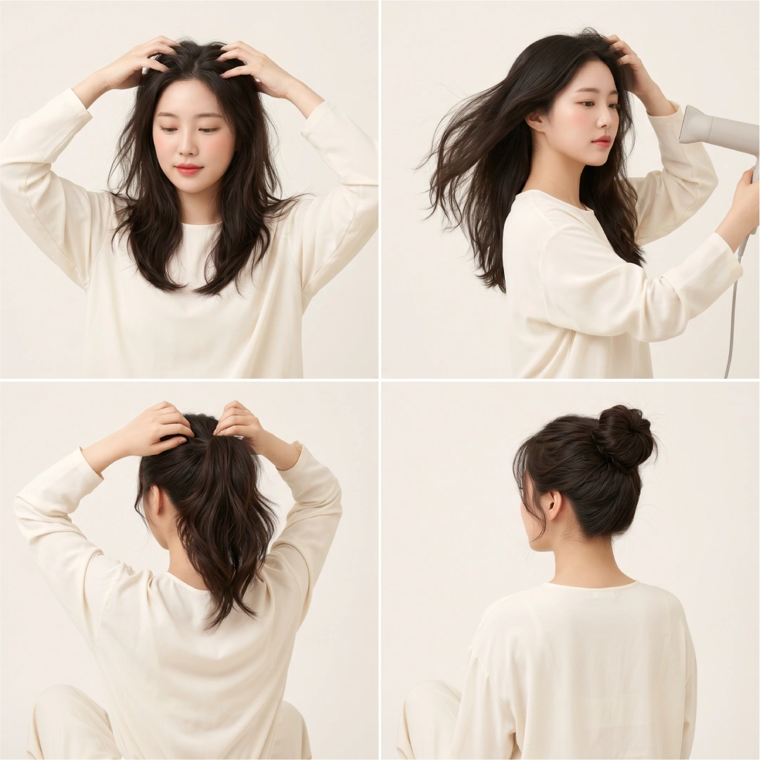 Messy bun tutorial for fine thin hair using blow-dry volume and donut insert