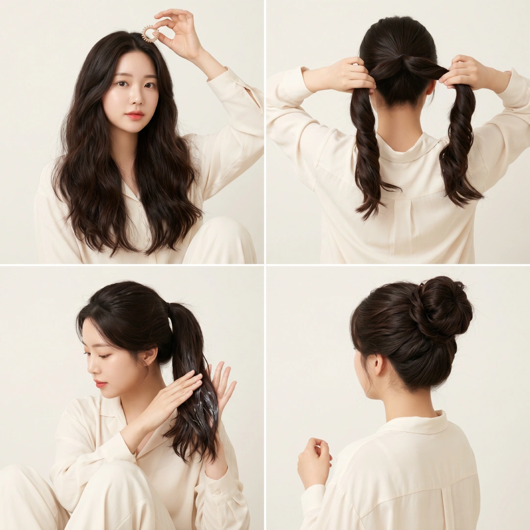 Messy bun for thick coarse hair using twist-and-wrap method with coiled hair tie