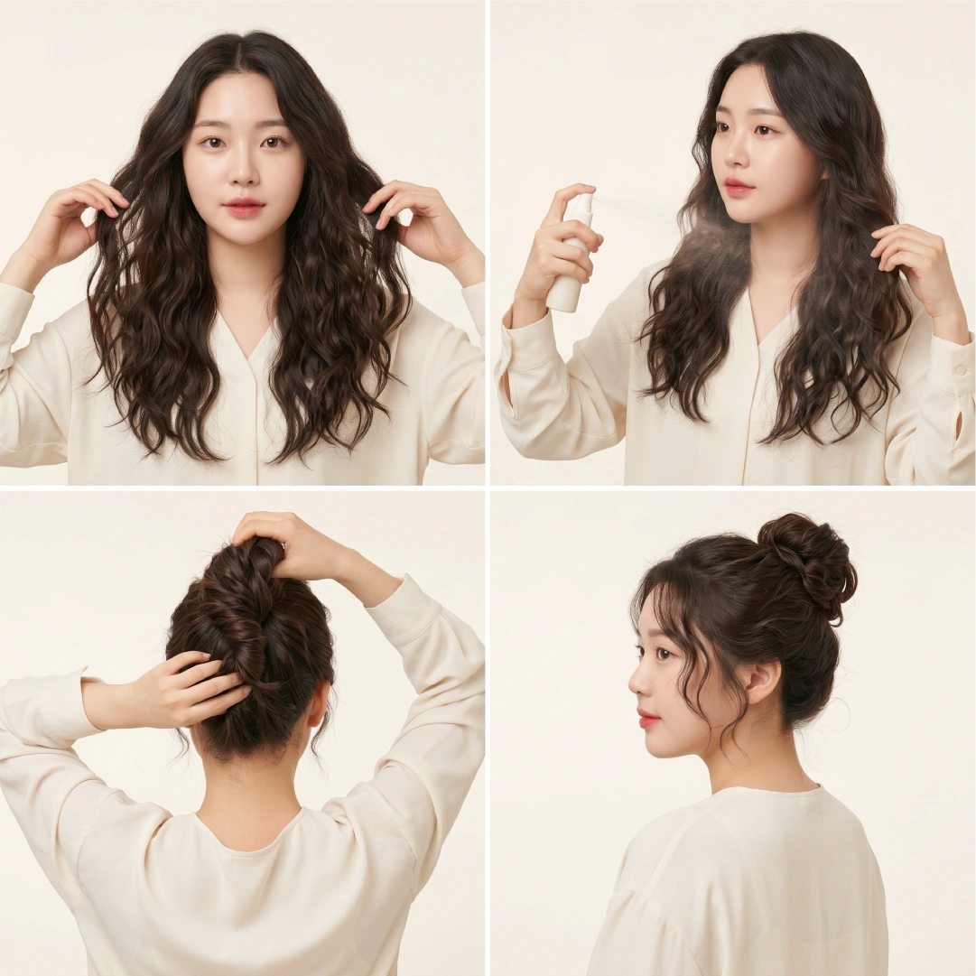 Wavy hair twisted messy bun styled with sea salt spray for texture