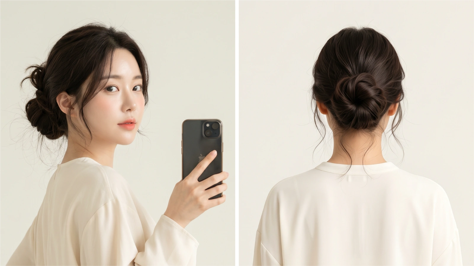 Finished low messy bun shown from front and back with loose face-framing strands