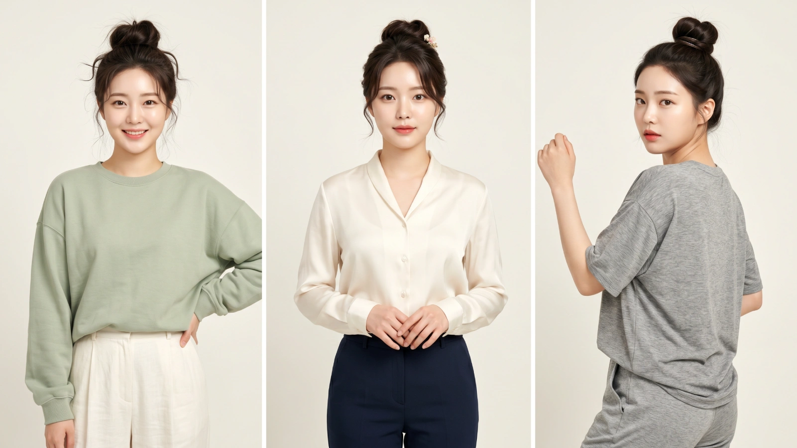 Messy bun styled three ways for casual, formal, and gym occasions