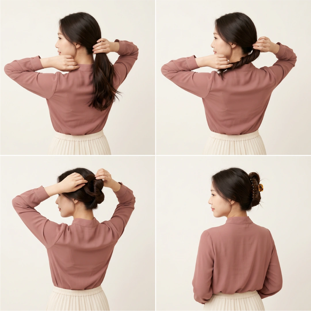 Four-step messy claw clip bun tutorial showing loose ponytail, single twist, folding upward, and clamping clip at nape