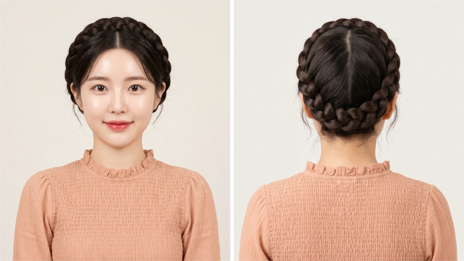 Finished milkmaid braid shown from front and back on dark straight hair with two plaits wrapped across the crown
