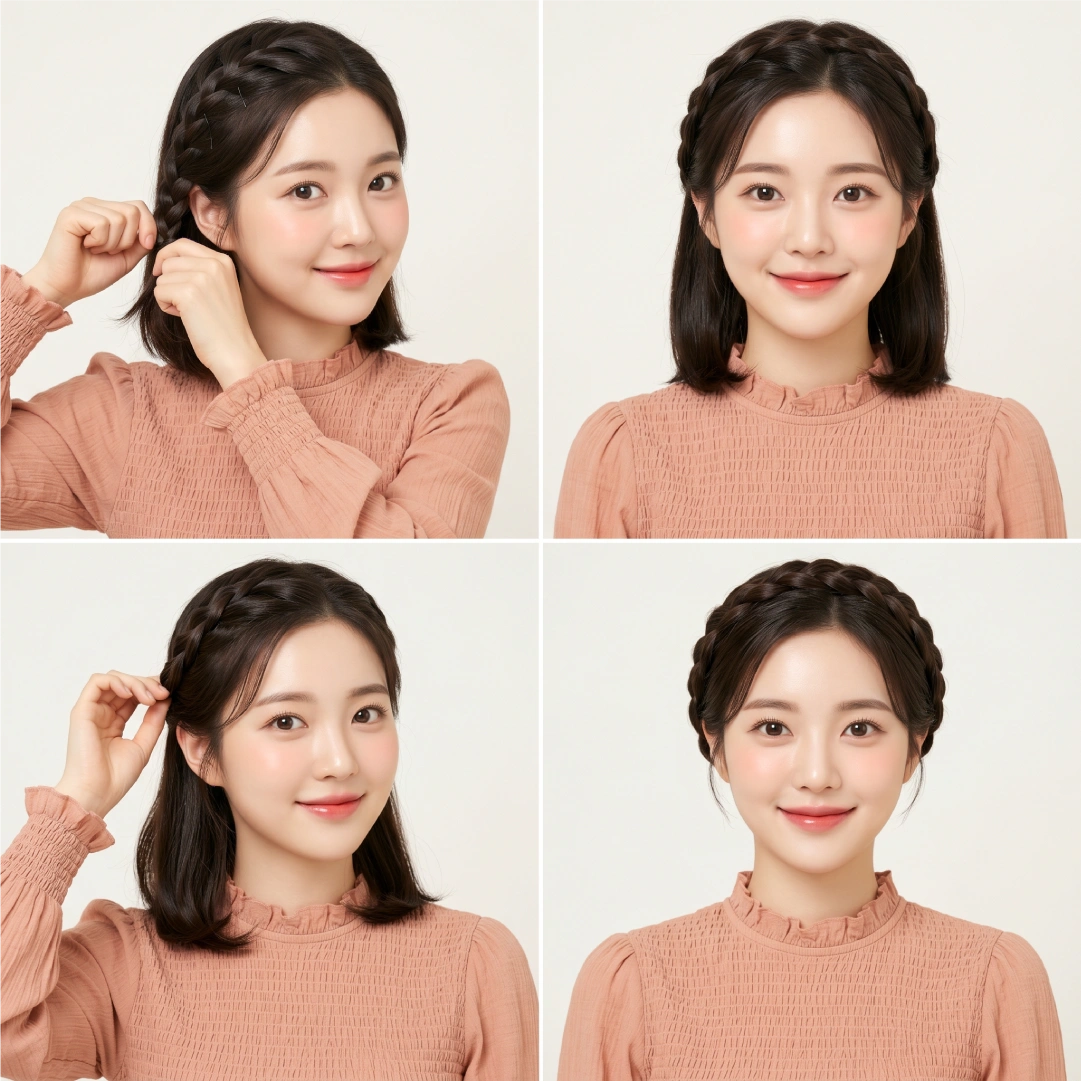 Four-step milkmaid braid tutorial for short hair showing tight plait pinning, half-up crown front view, bobby pin gap filling, and finished full wrap front view