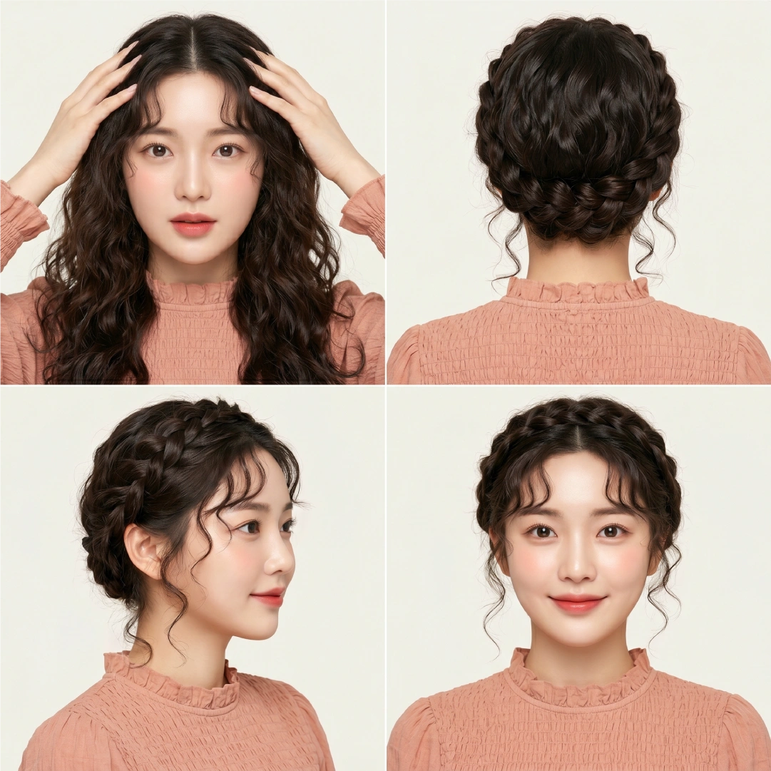 Four-step milkmaid braid tutorial for curly hair showing natural curl prep front, textured wrap from back, coil pinning side view, and finished bohemian front view